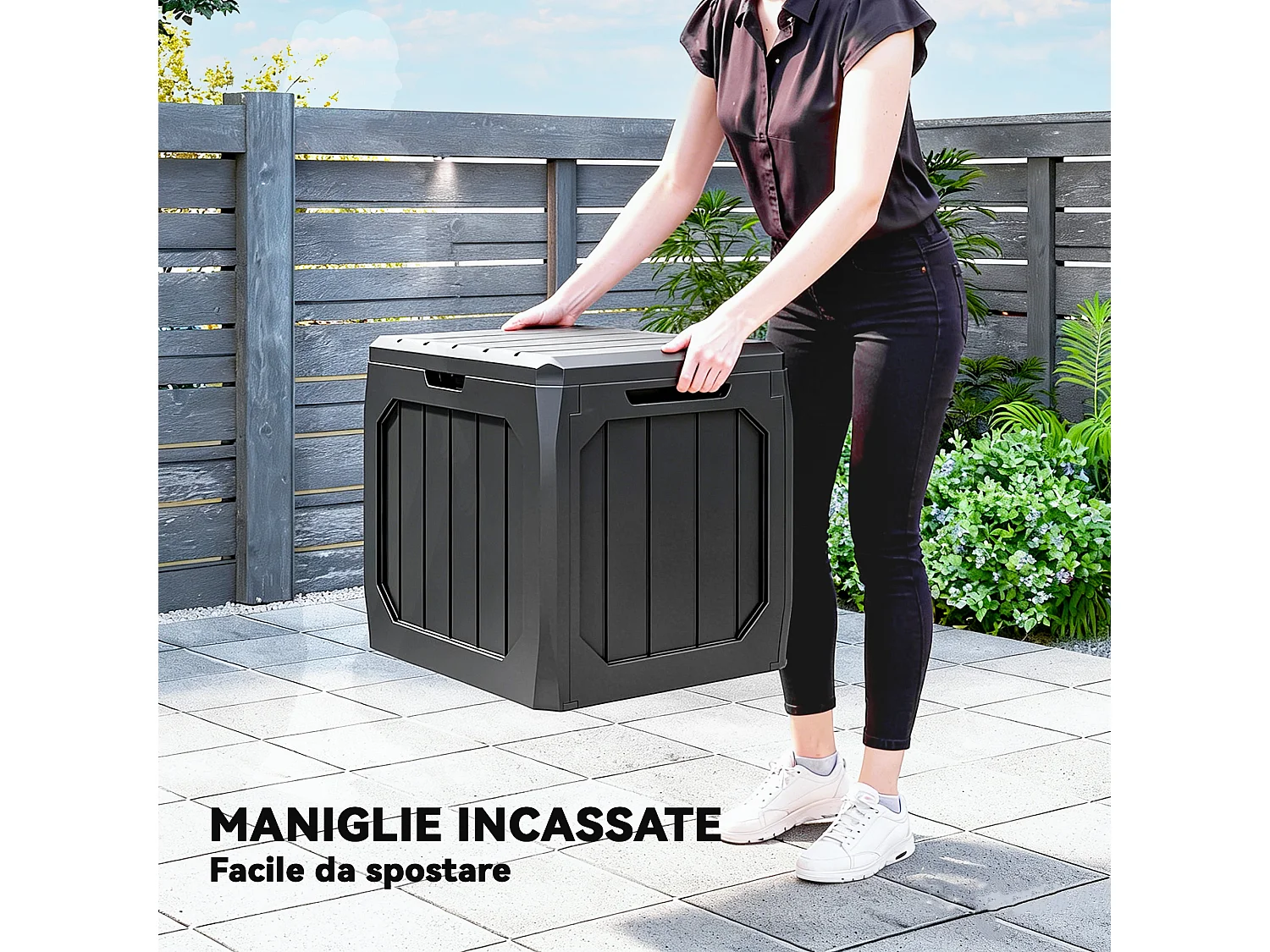 Baule da giardino 121 litri impermeabile in plastica nero