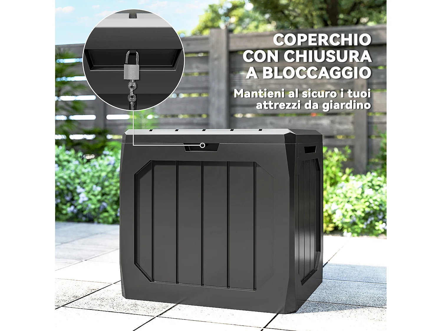 Baule da giardino 121 litri impermeabile in plastica nero