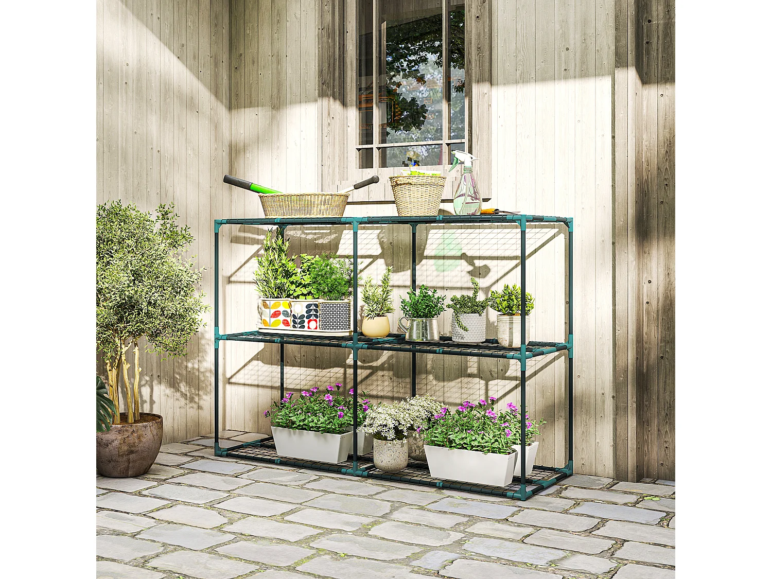 Portapiante a 3 livelli in acciaio e pp 143x48x100 cm verde scuro