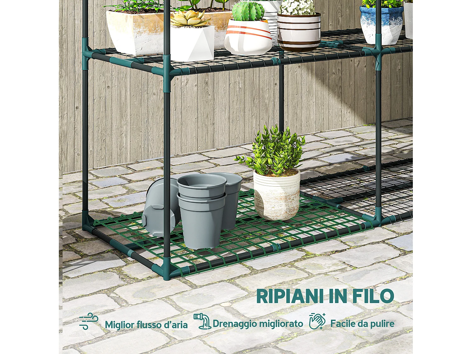 Portapiante a 3 livelli in acciaio e pp 143x48x100 cm verde scuro