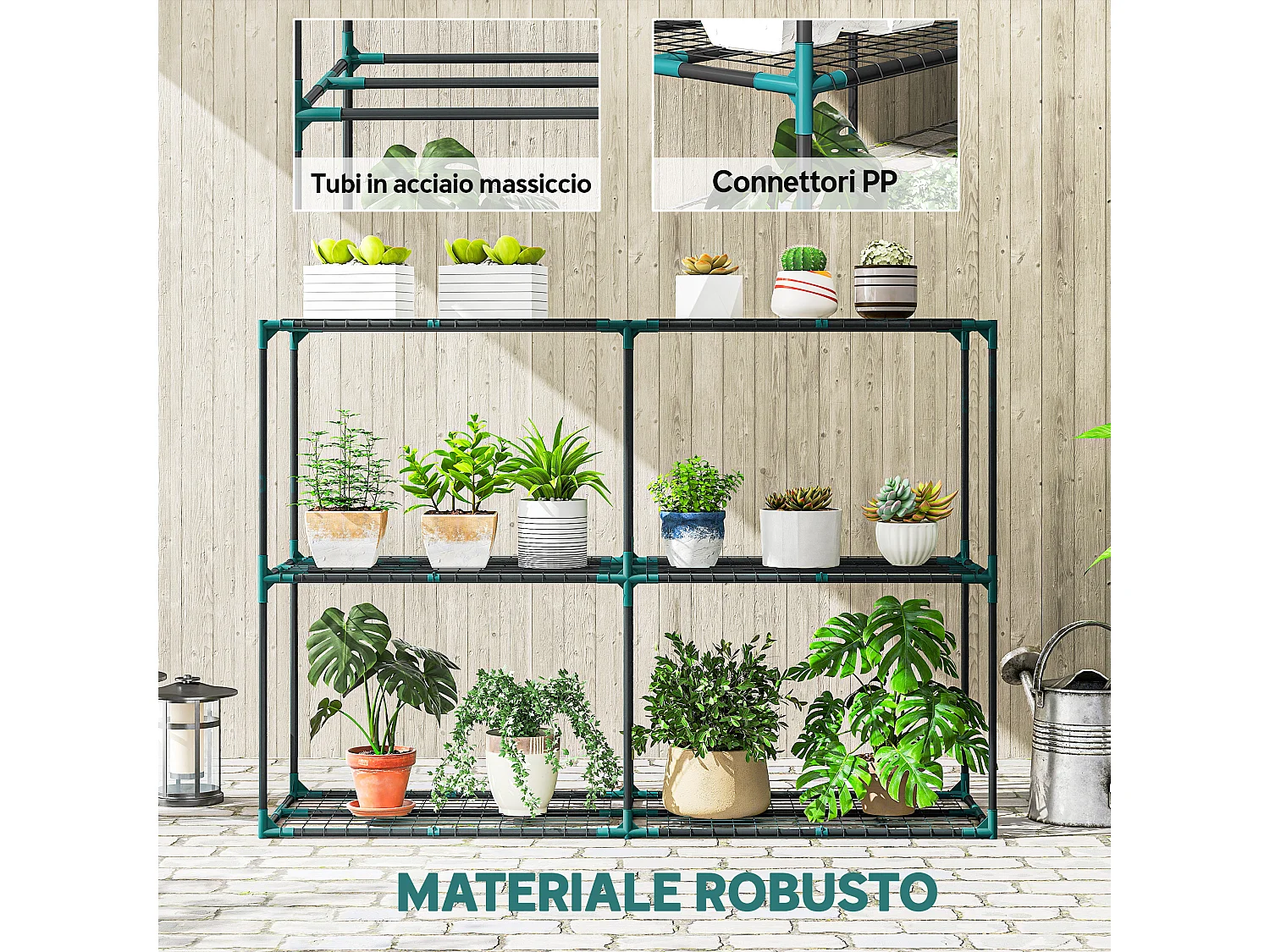 Portapiante a 3 livelli in acciaio e pp 143x48x100 cm verde scuro