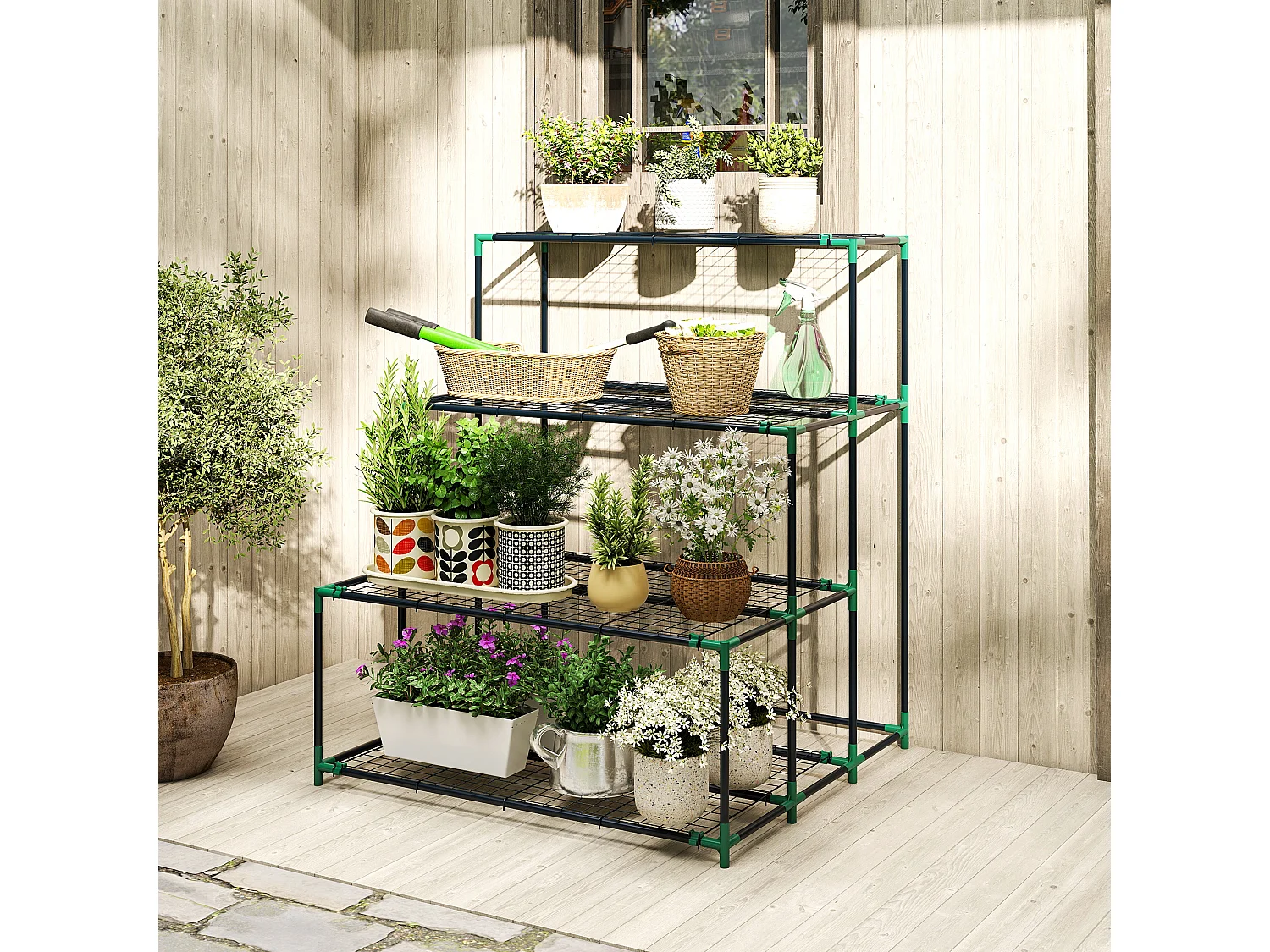 Scaffale porta piante a 4 livelli in acciaio verde scuro