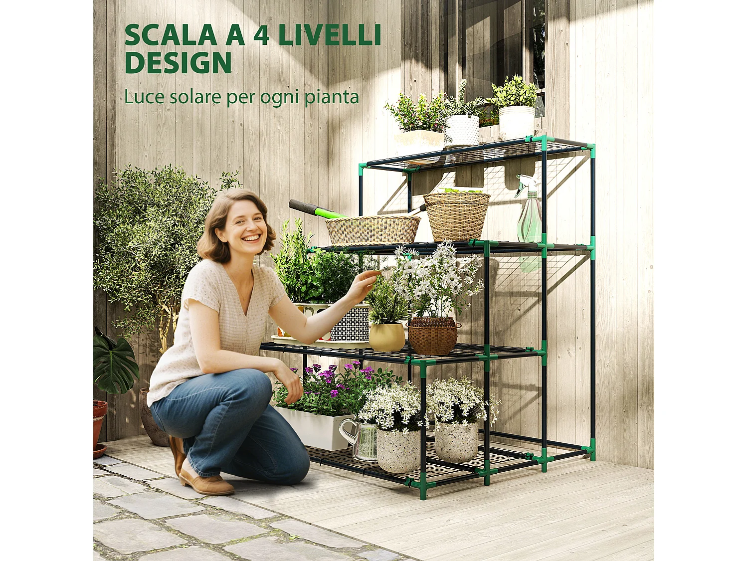 Scaffale porta piante a 4 livelli in acciaio verde scuro