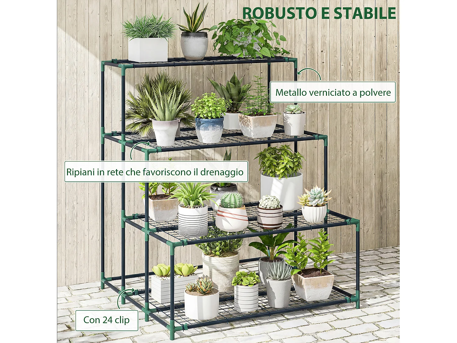 Scaffale porta piante a 4 livelli in acciaio verde scuro