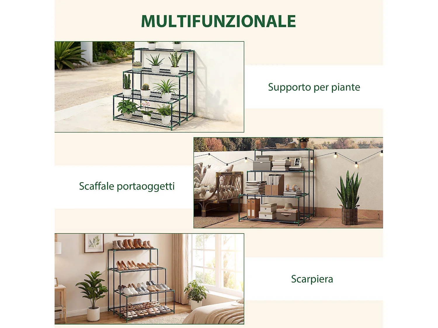 Scaffale porta piante a 4 livelli in acciaio verde scuro