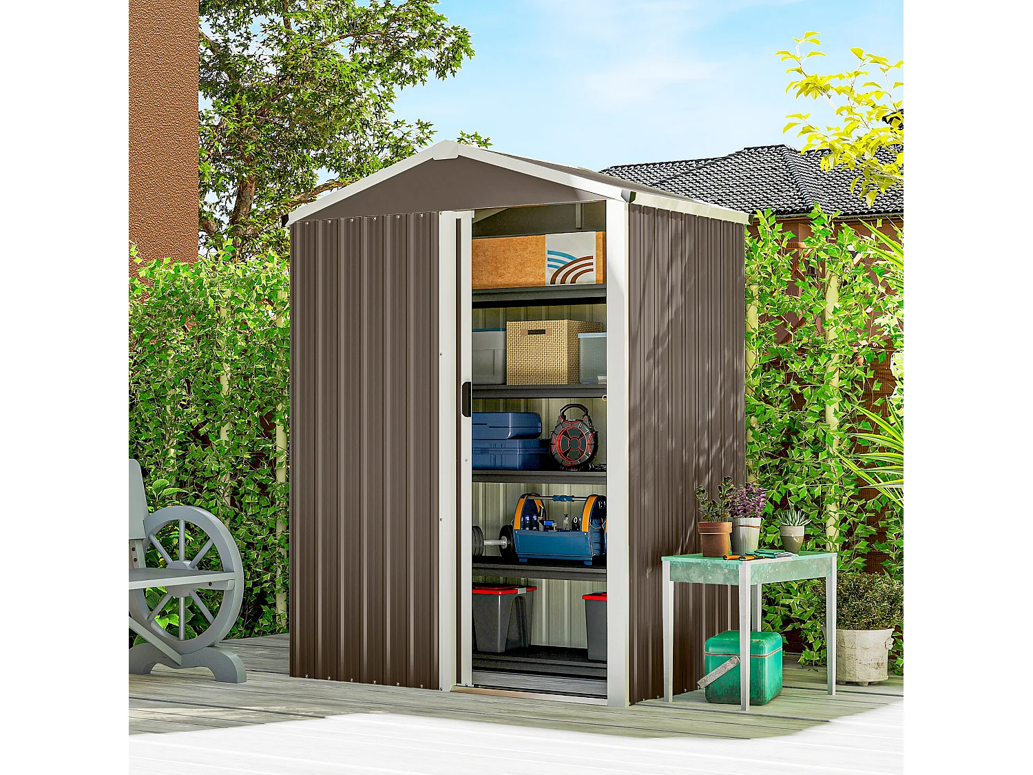 Casetta da giardino con porta scorrevole in acciaio marrone