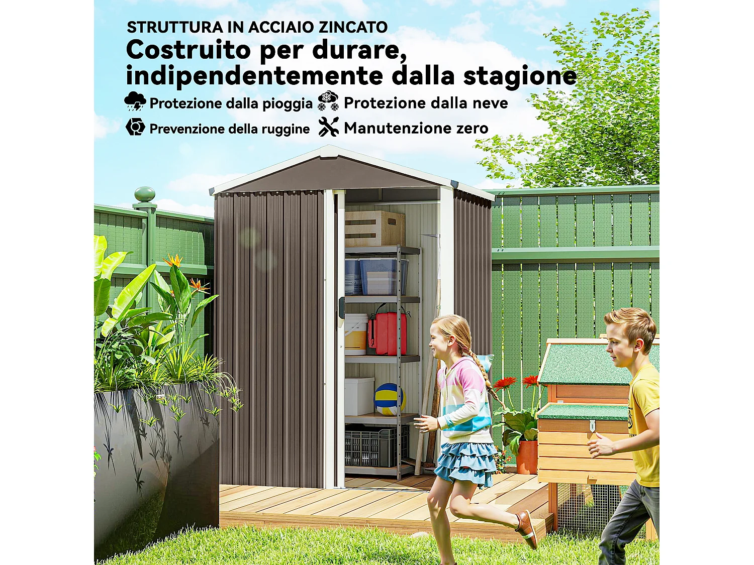 Casetta da giardino con porta scorrevole in acciaio marrone