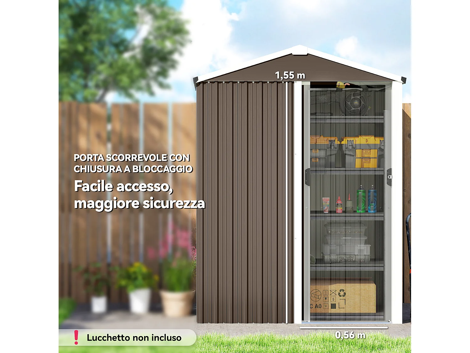 Casetta da giardino con porta scorrevole in acciaio marrone