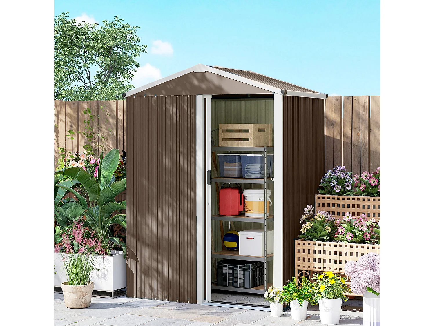 Casetta da giardino con porta scorrevole in acciaio marrone