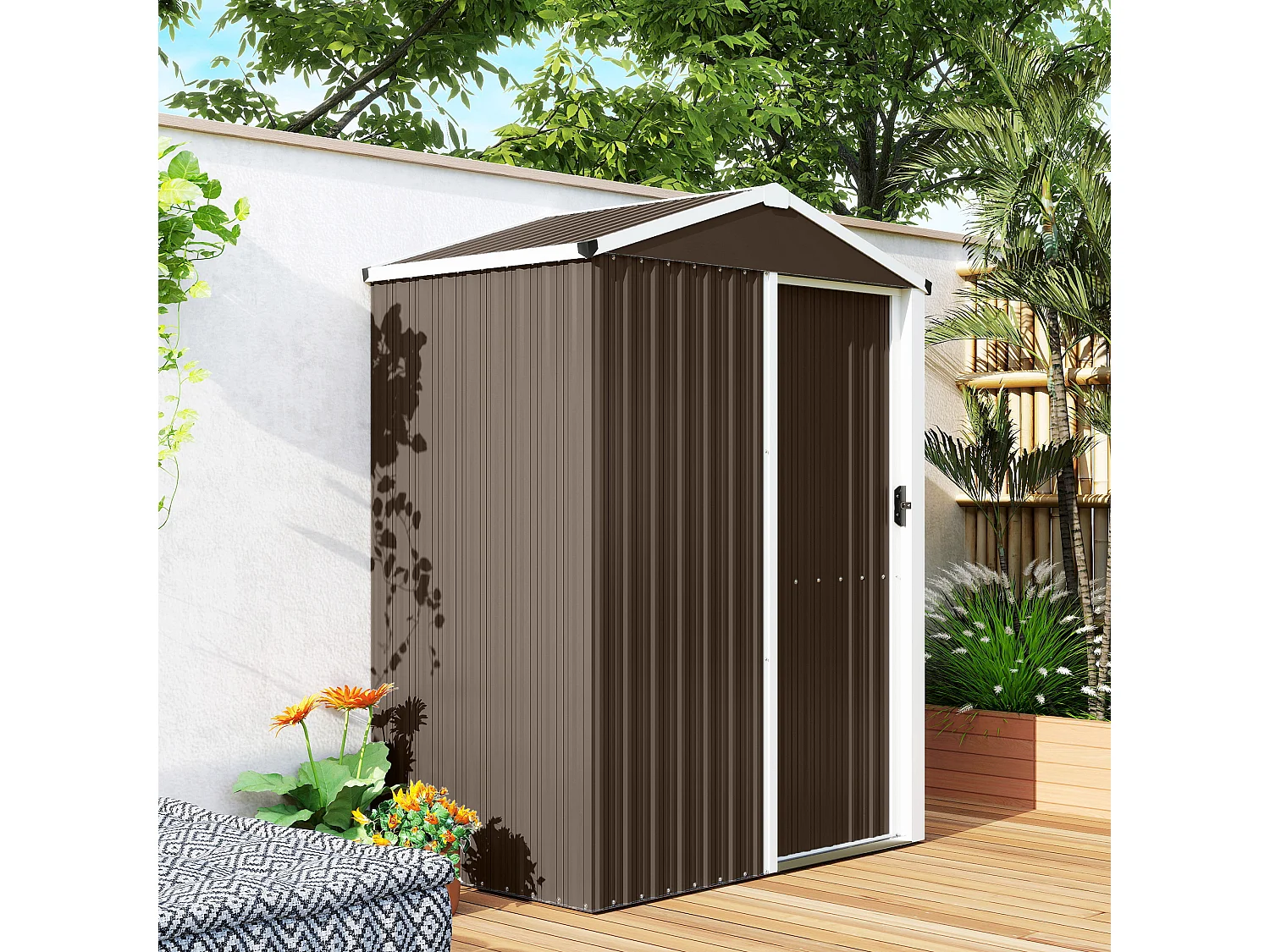 Casetta da giardino con porta scorrevole in acciaio marrone