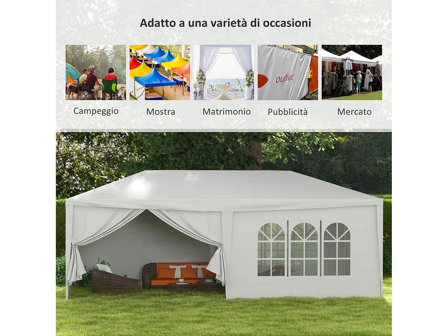 Tendone per feste 6x3m con pareti rimovibili e finestre bianco