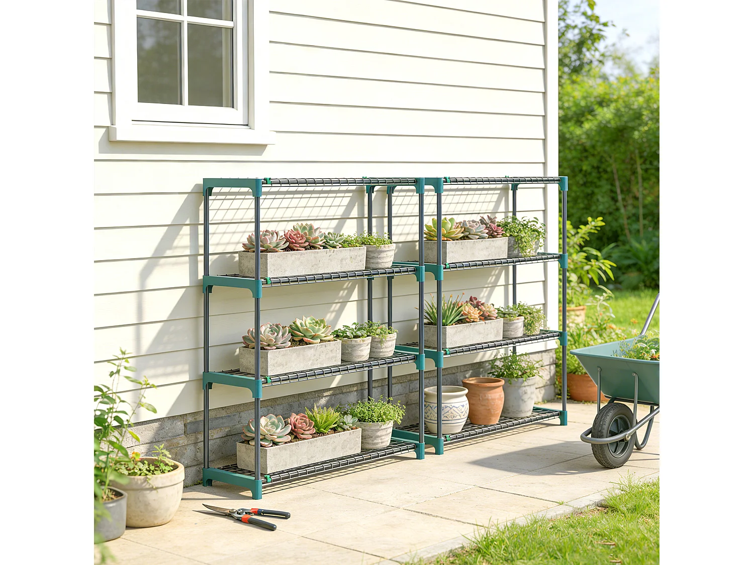 Set 2 scaffali per piante a 4 livelli in acciaio verde