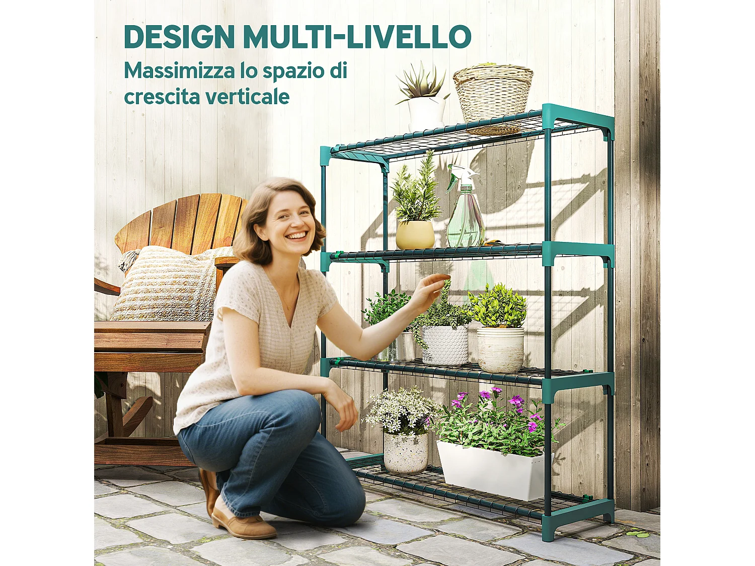 Set 2 scaffali per piante a 4 livelli in acciaio verde