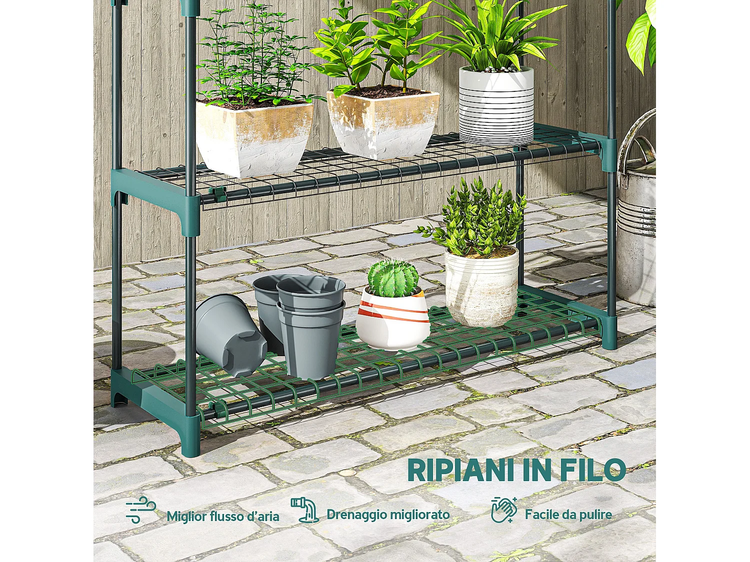 Set 2 scaffali per piante a 4 livelli in acciaio verde