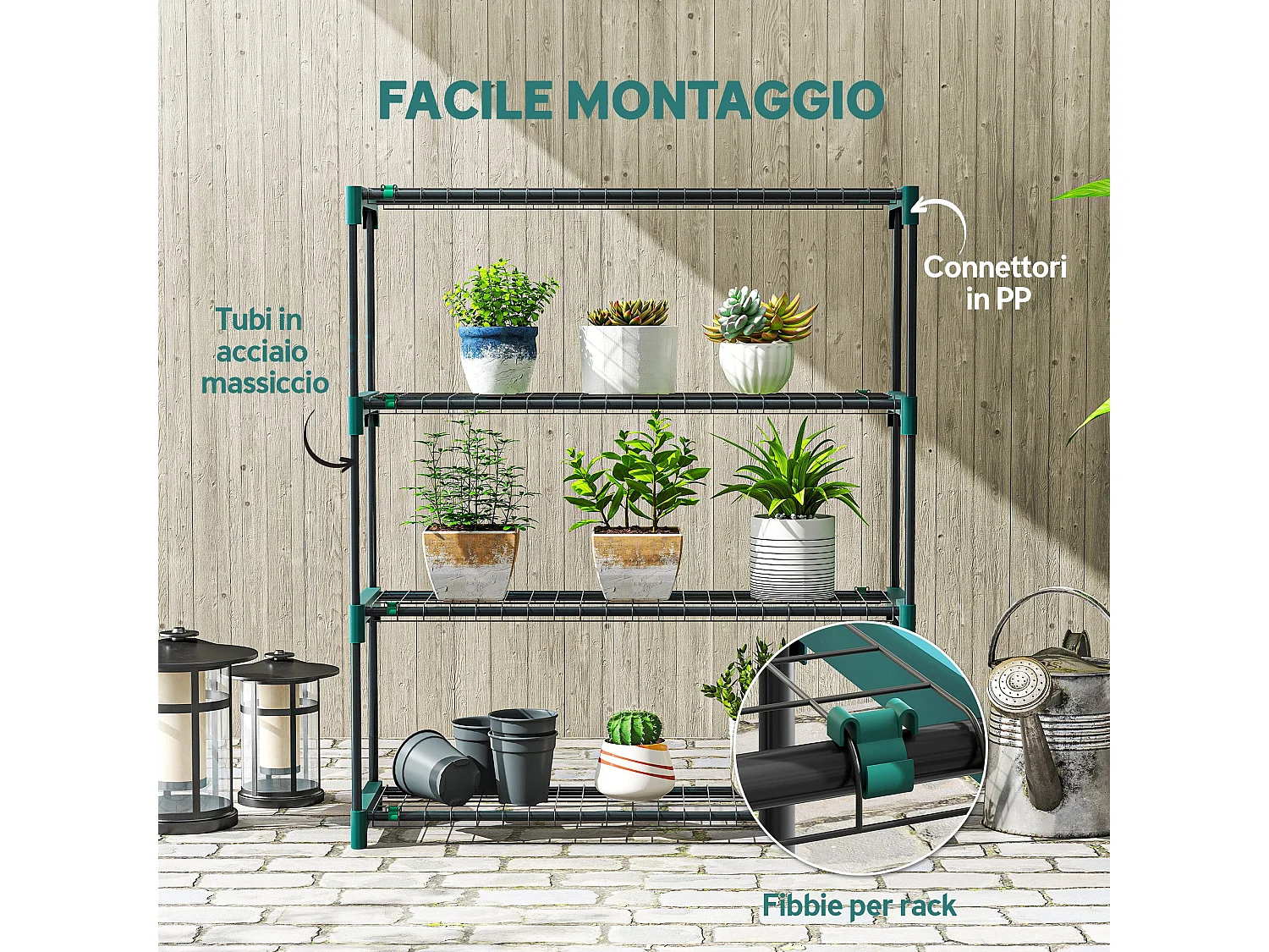 Set 2 scaffali per piante a 4 livelli in acciaio verde