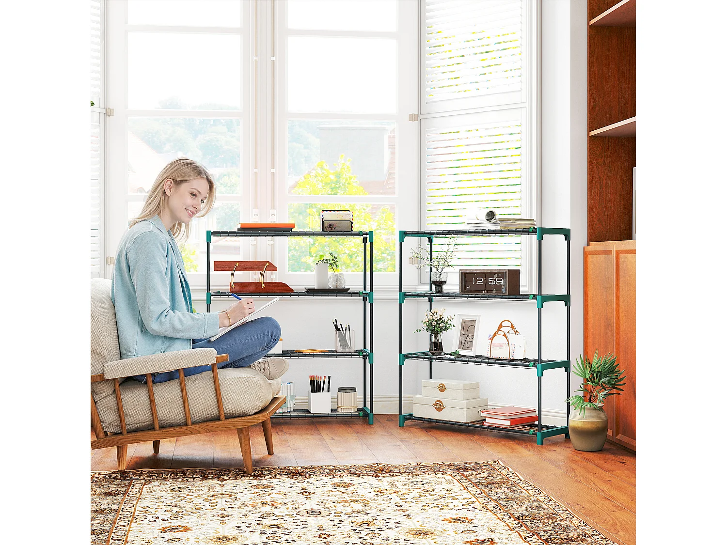 Set 2 scaffali per piante a 4 livelli in acciaio verde