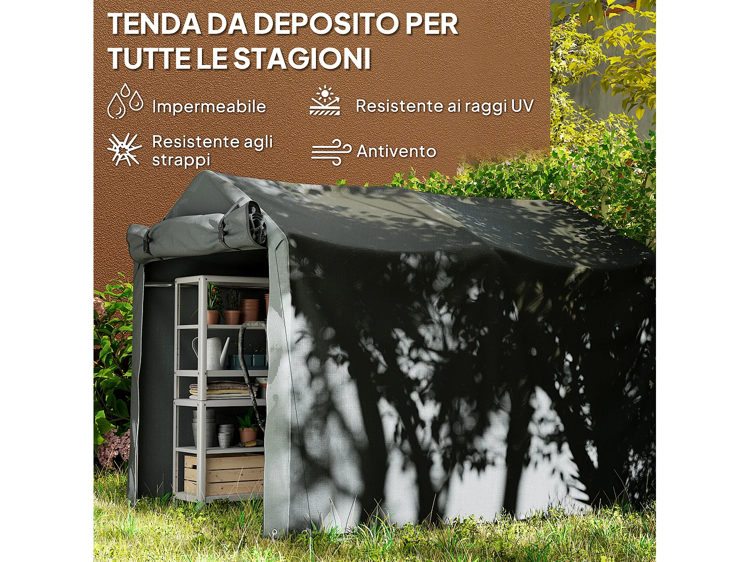 Tenda garage con ingresso avvolgibile in metallo e pe grigio scuro