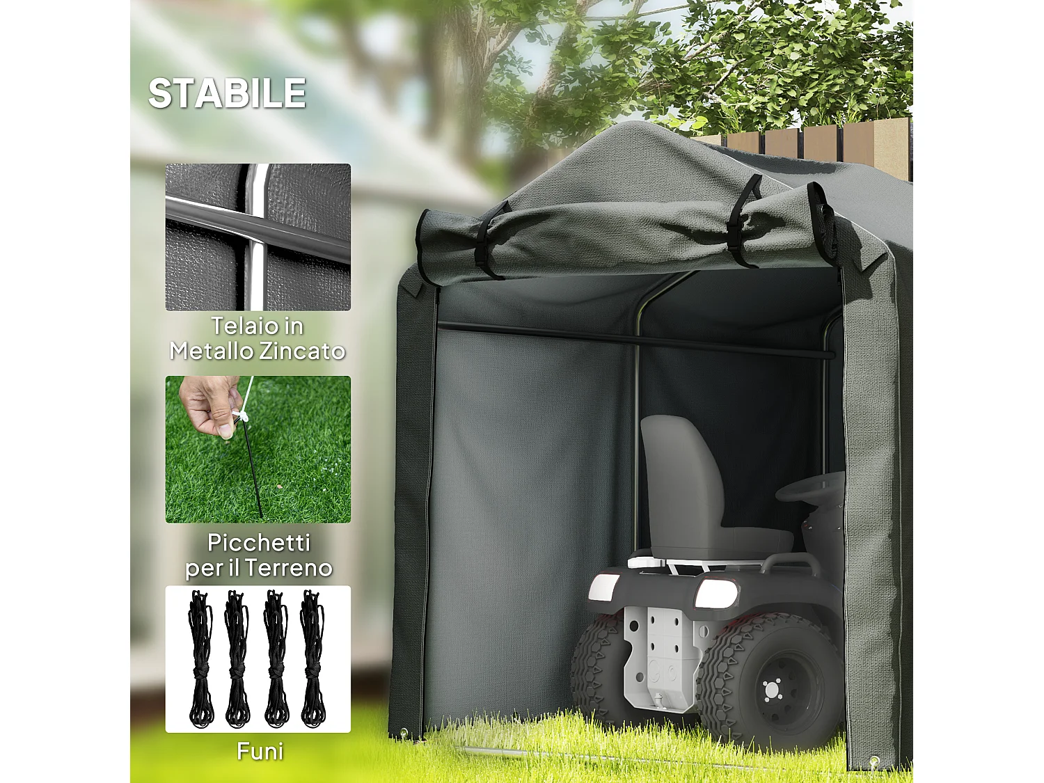 Tenda garage con ingresso avvolgibile in metallo e pe grigio scuro