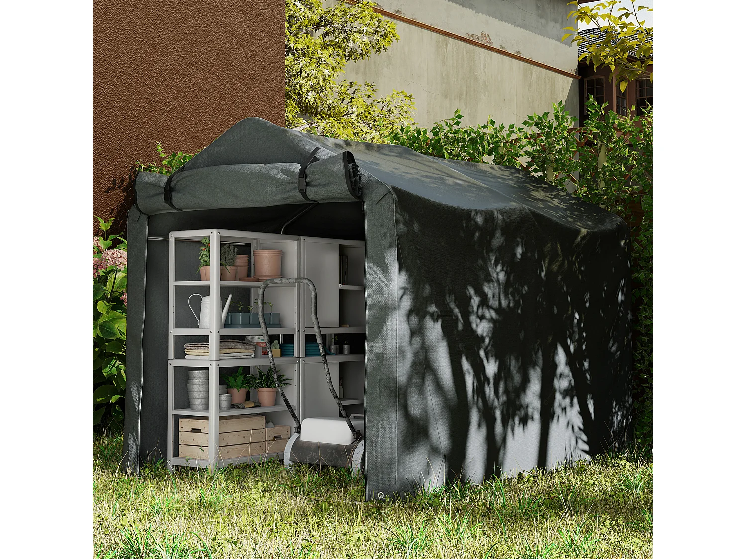 Tenda garage con ingresso avvolgibile in metallo e pe grigio scuro