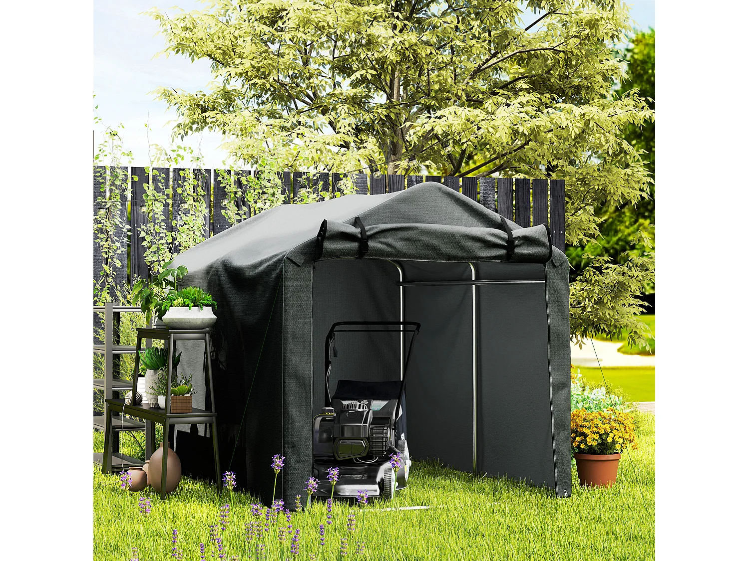 Tenda garage con ingresso avvolgibile in metallo e pe grigio scuro