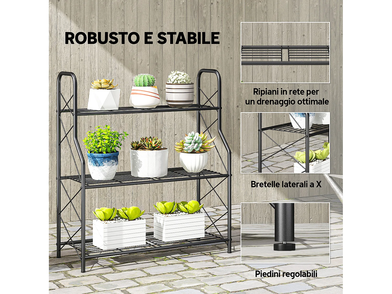 Portapiante a 3 livelli in metallo 69x28.5x78 cm nero