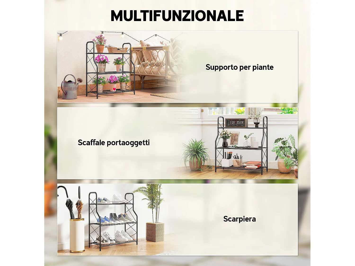 Portapiante a 3 livelli in metallo 69x28.5x78 cm nero