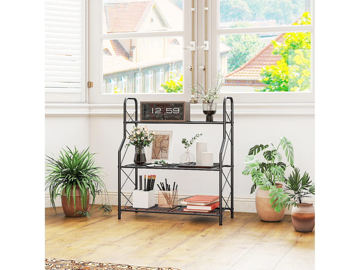 Portapiante a 3 livelli in metallo 69x28.5x78 cm nero