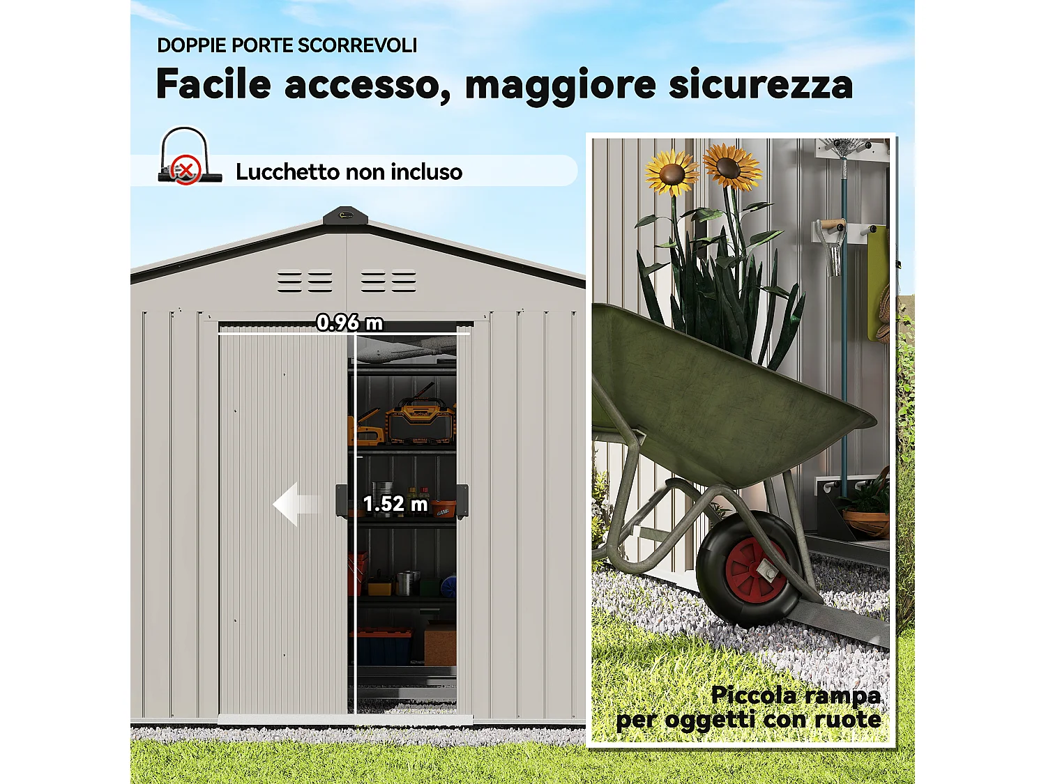 Casetta da giardino in metallo con porta scorrevole argento