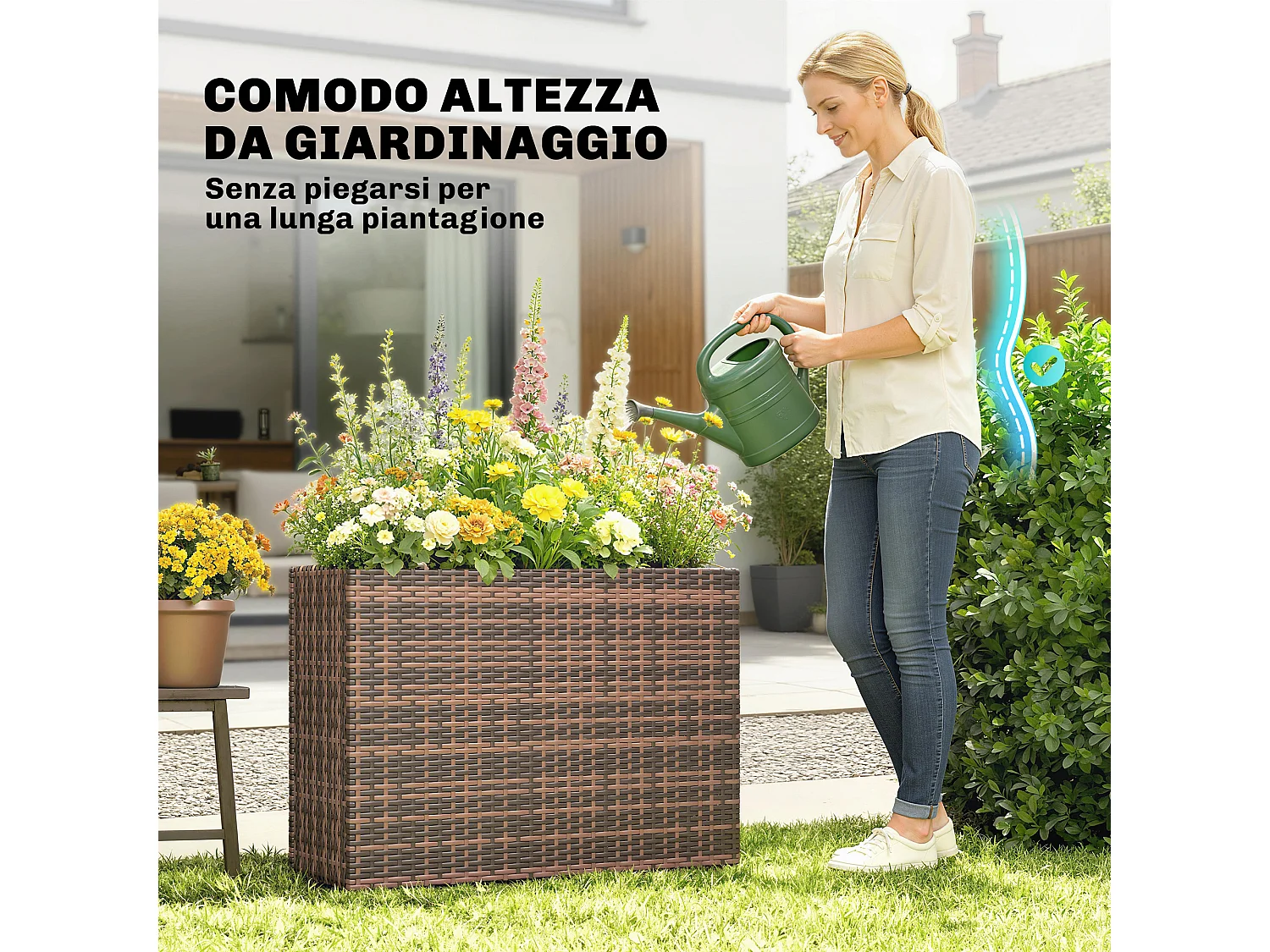 Fioriera rialzata con liner removibile in rattan pe marrone