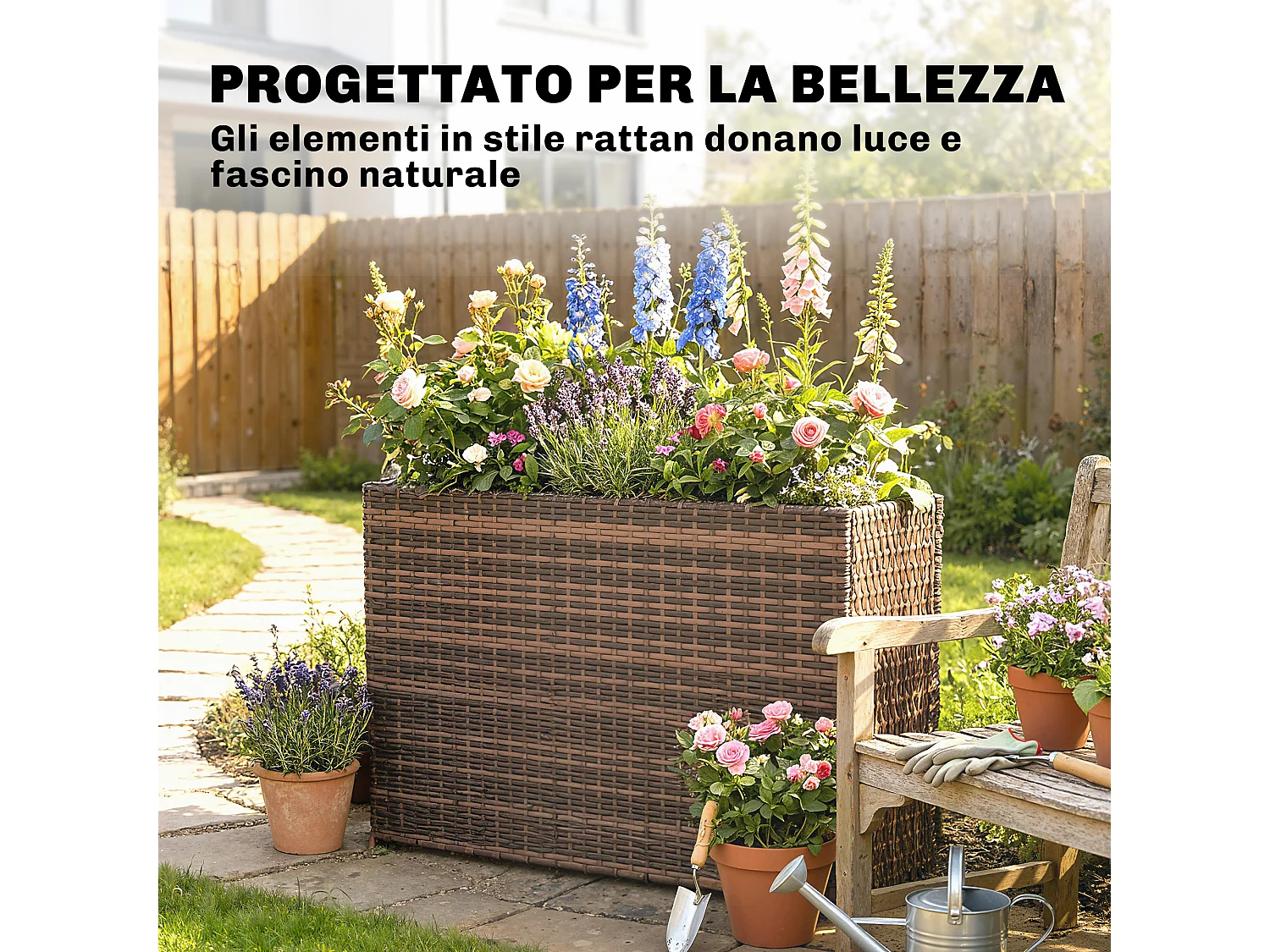 Fioriera rialzata con liner removibile in rattan pe marrone
