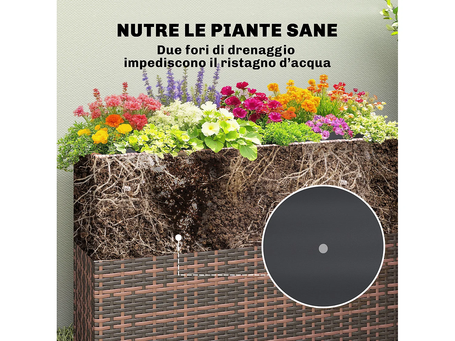 Fioriera rialzata con liner removibile in rattan pe marrone