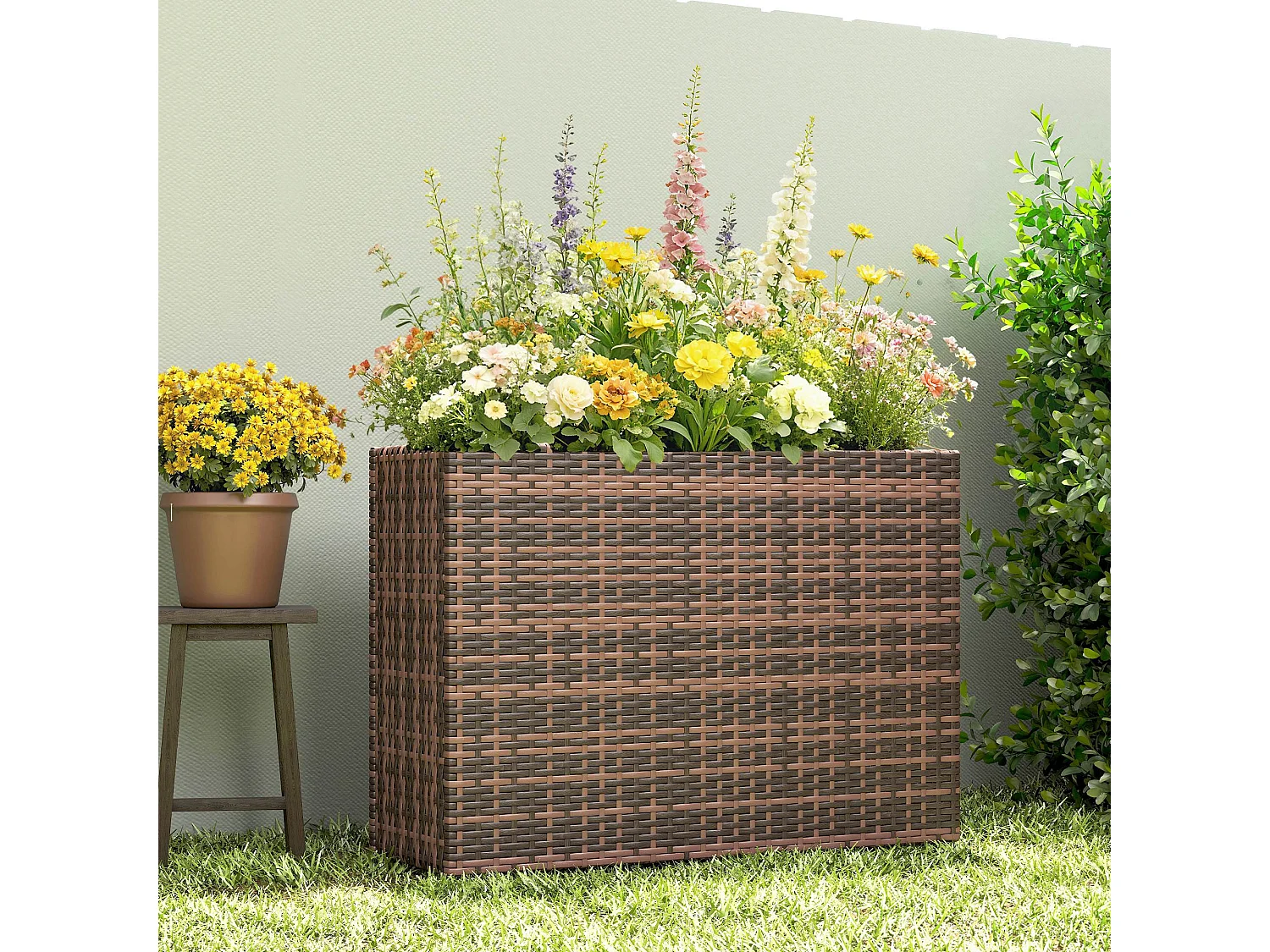 Fioriera rialzata con liner removibile in rattan pe marrone