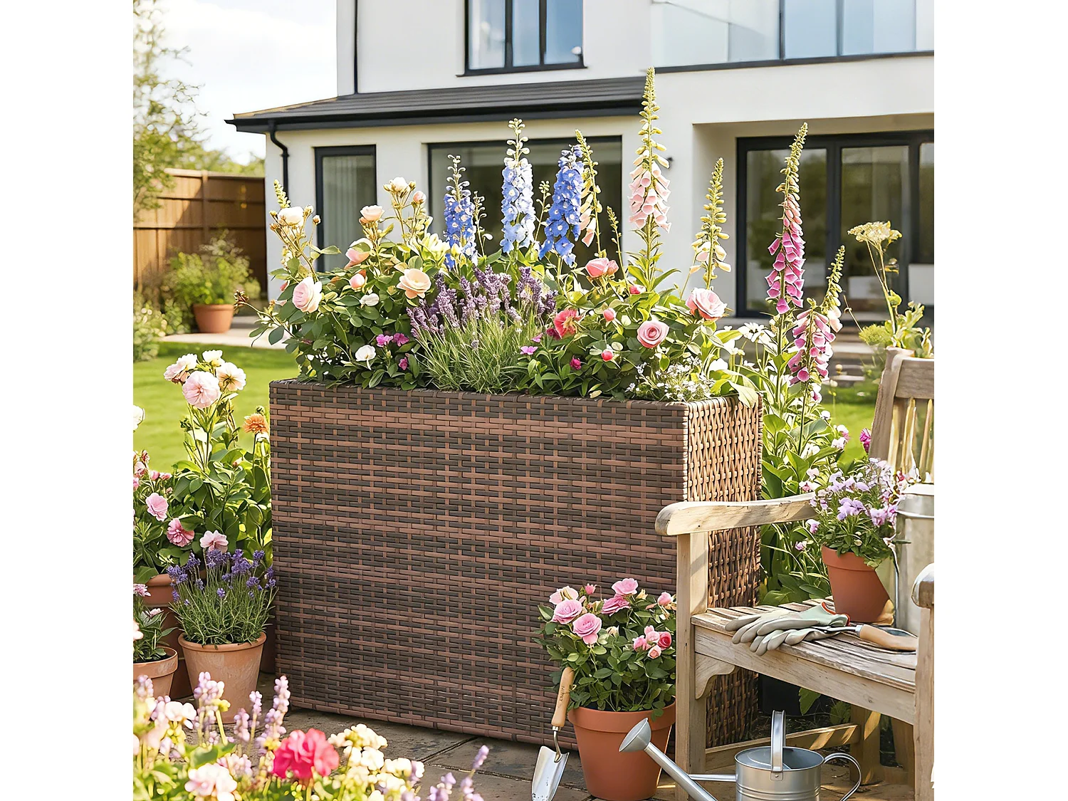 Fioriera rialzata con liner removibile in rattan pe marrone