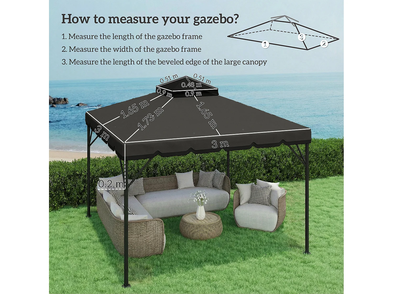 Copertura per gazebo 3x3m 2 livelli in poliestere grigio chiaro scuro