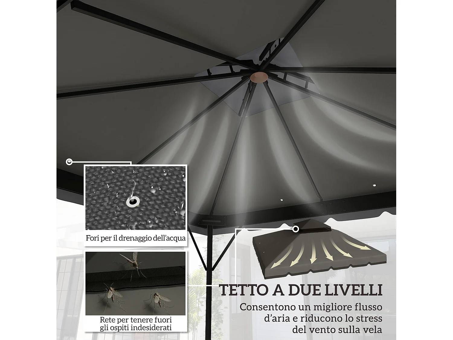 Copertura per gazebo 3x3m 2 livelli in poliestere grigio chiaro scuro
