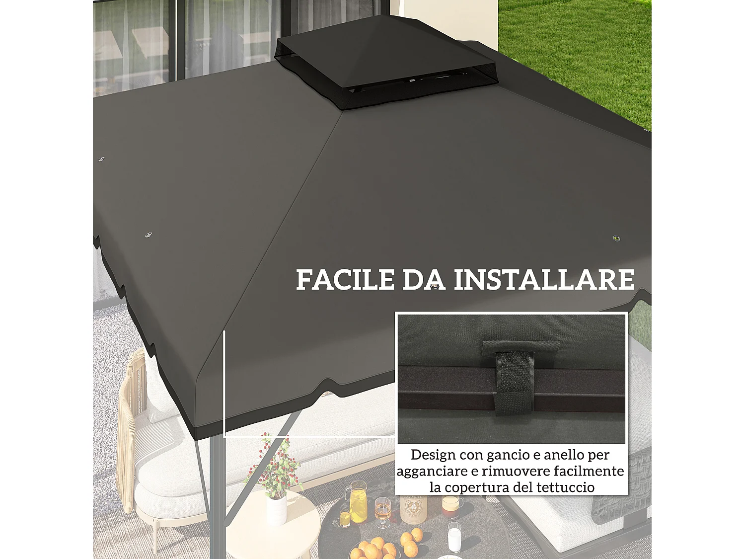 Copertura per gazebo 3x3m 2 livelli in poliestere grigio chiaro scuro