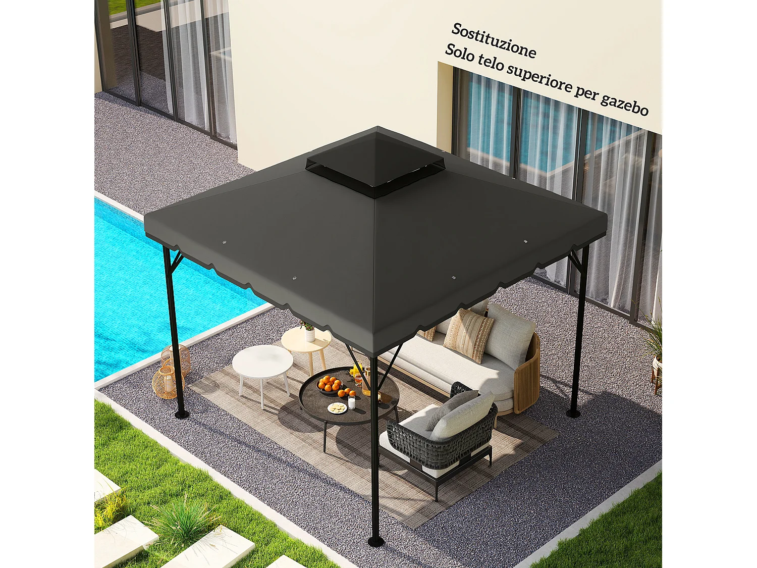 Copertura per gazebo 3x3m 2 livelli in poliestere grigio chiaro scuro