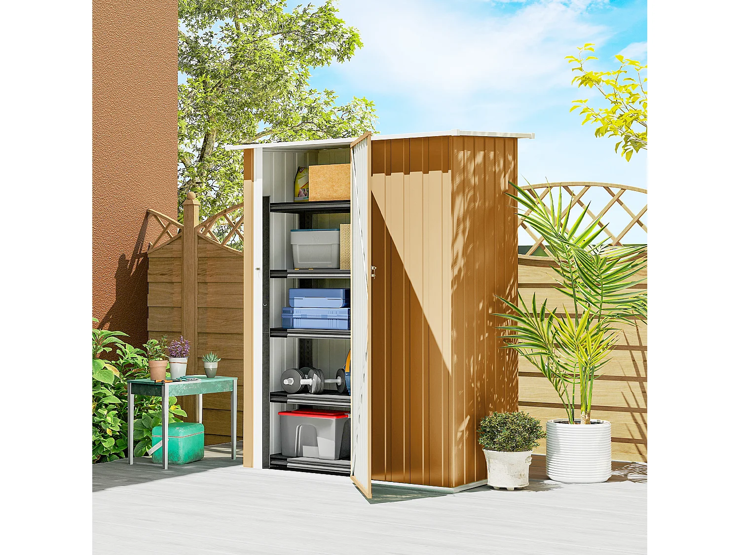 Capanno attrezzi in metallo con tetto inclinato giallo