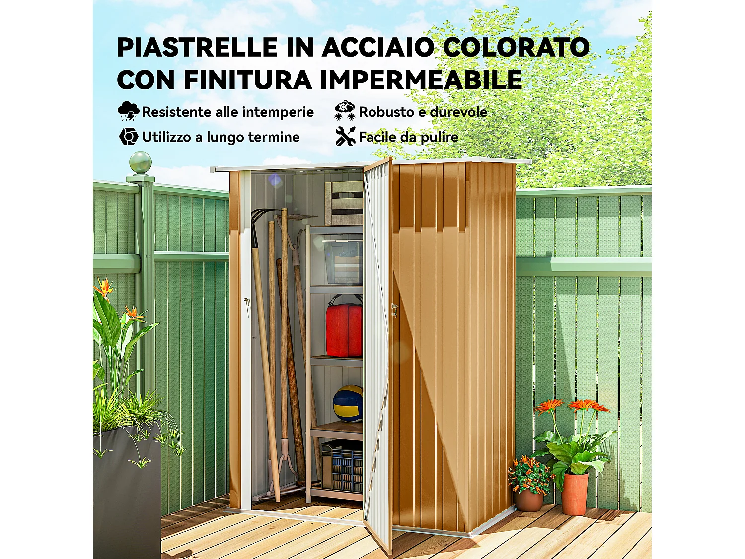 Capanno attrezzi in metallo con tetto inclinato giallo