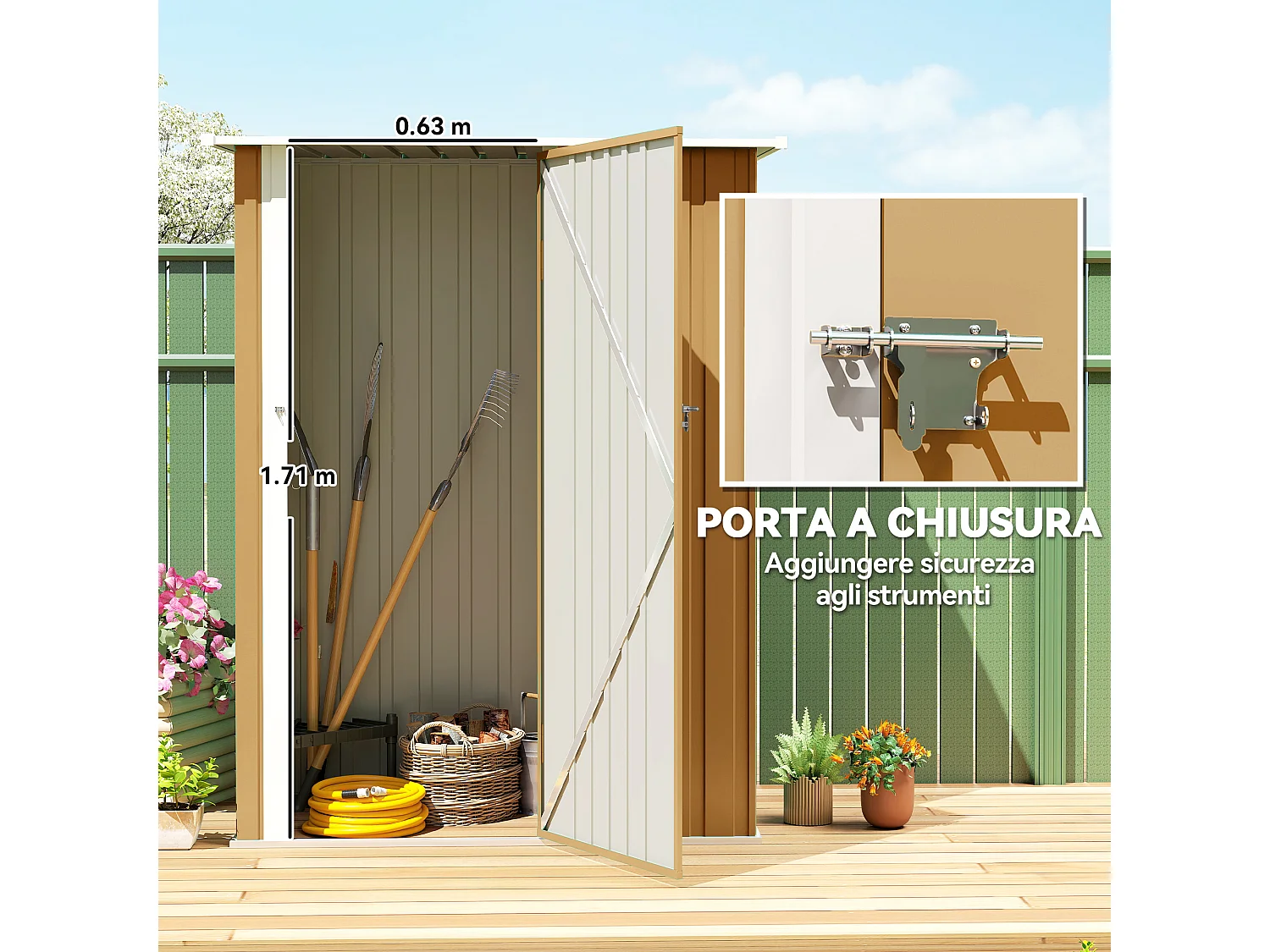 Capanno attrezzi in metallo con tetto inclinato giallo