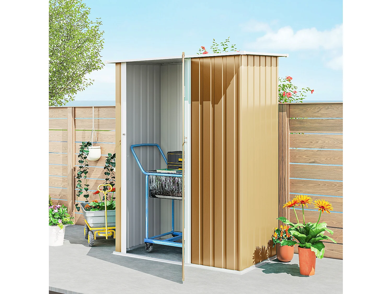 Capanno attrezzi in metallo con tetto inclinato giallo