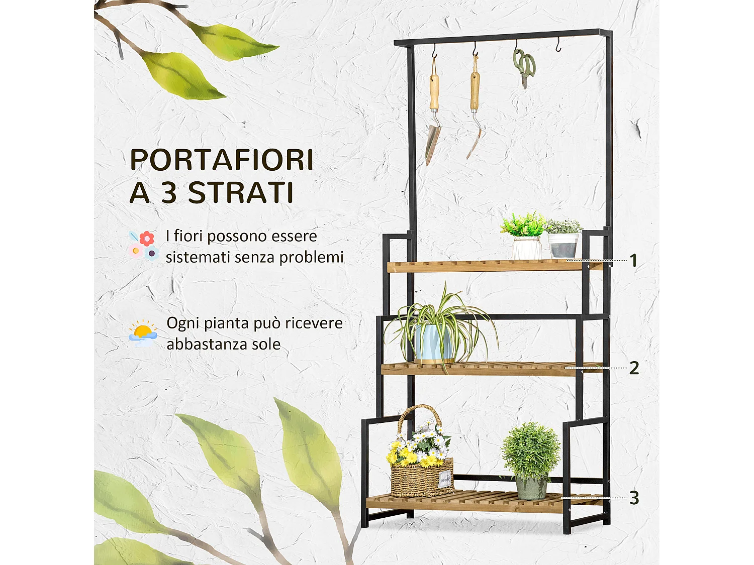 Portavasi in legno e metallo a 3 livelli con ganci superiori