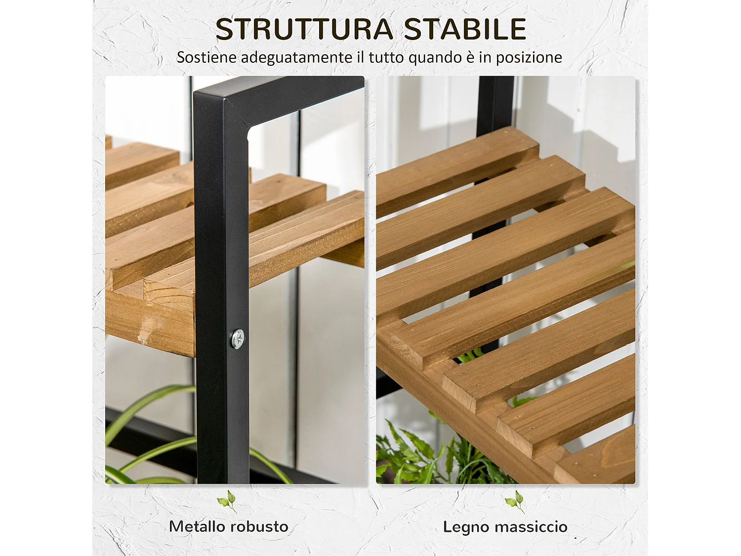 Portavasi in legno e metallo a 3 livelli con ganci superiori