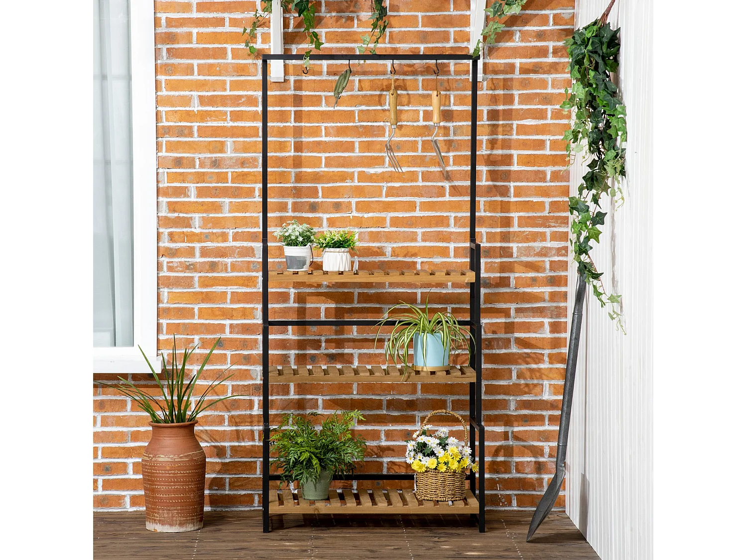 Portavasi in legno e metallo a 3 livelli con ganci superiori