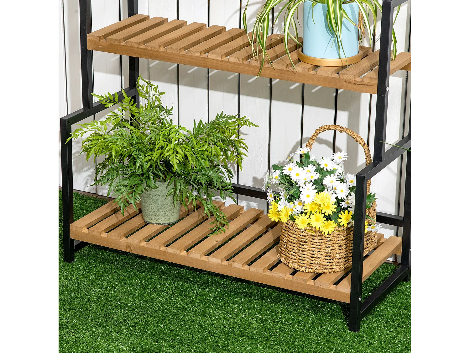 Portavasi in legno e metallo a 3 livelli con ganci superiori