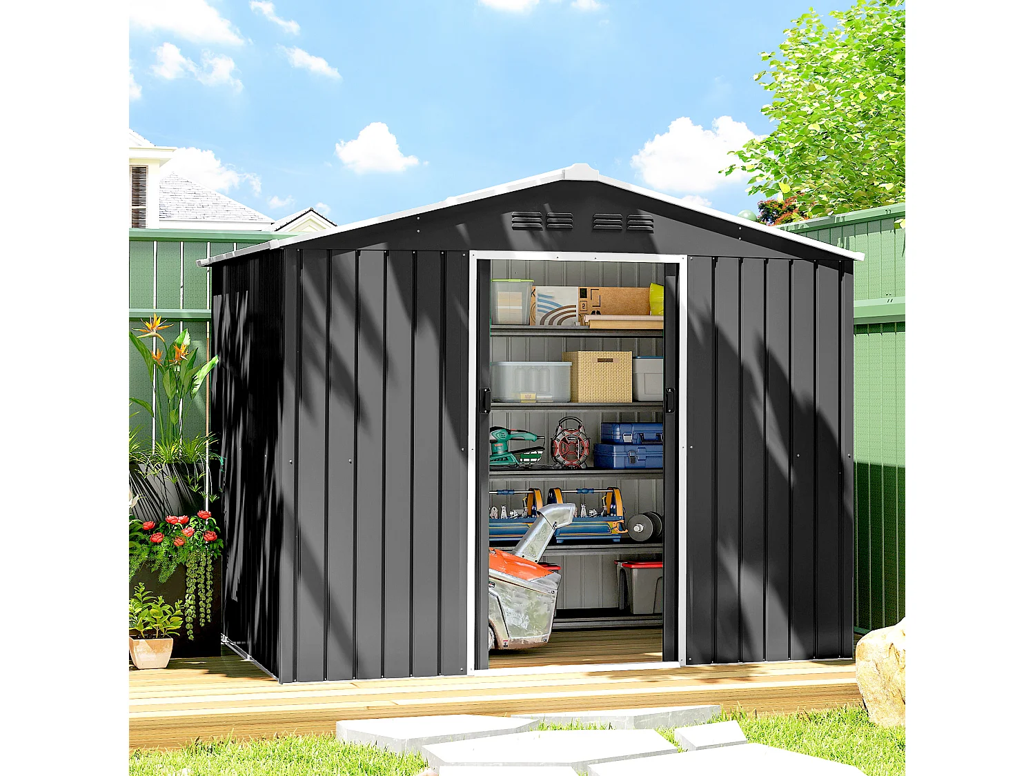 Casetta da giardino 2.3x1.7 m doppia porta in acciaio grigio scuro