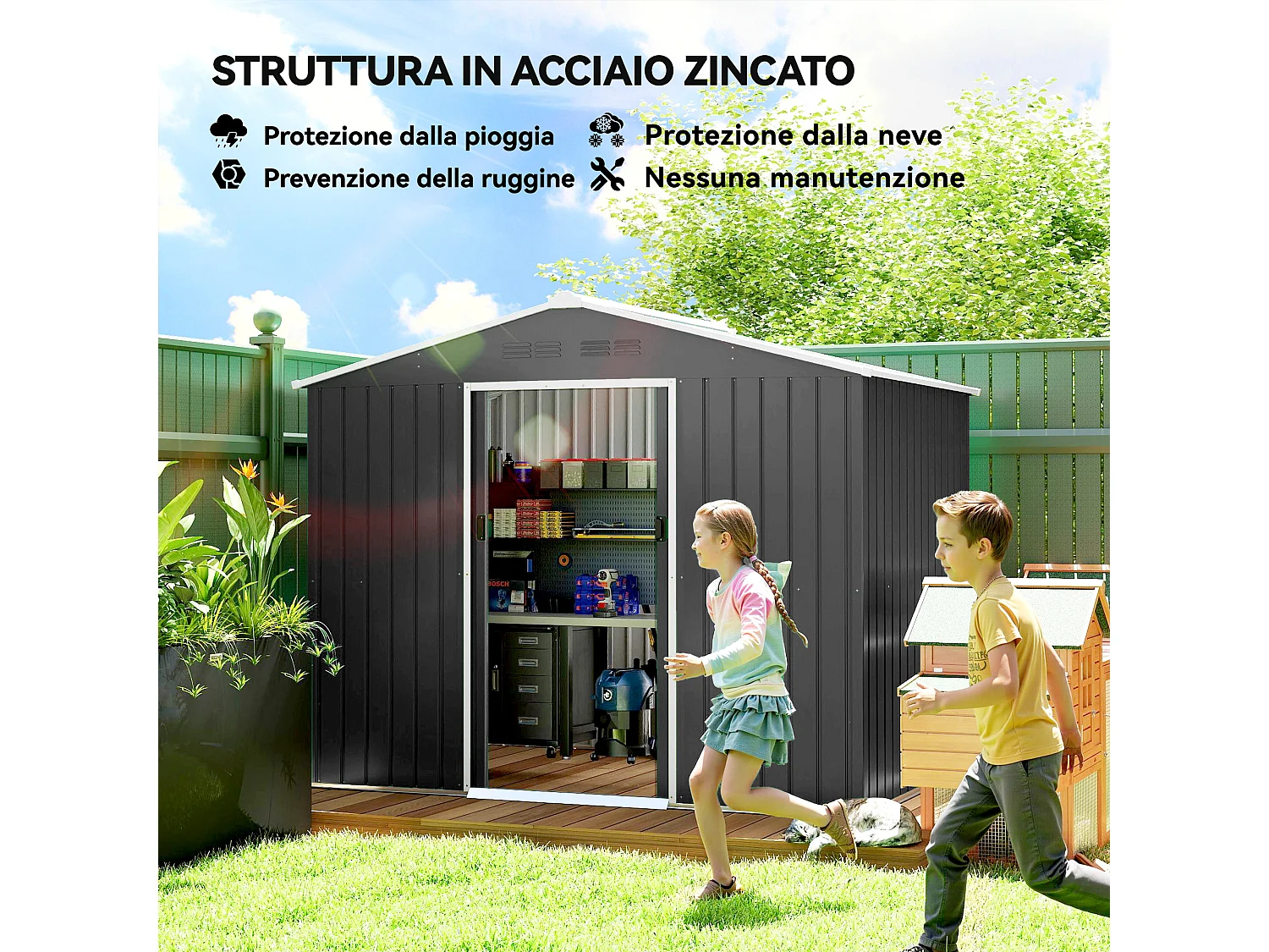 Casetta da giardino 2.3x1.7 m doppia porta in acciaio grigio scuro