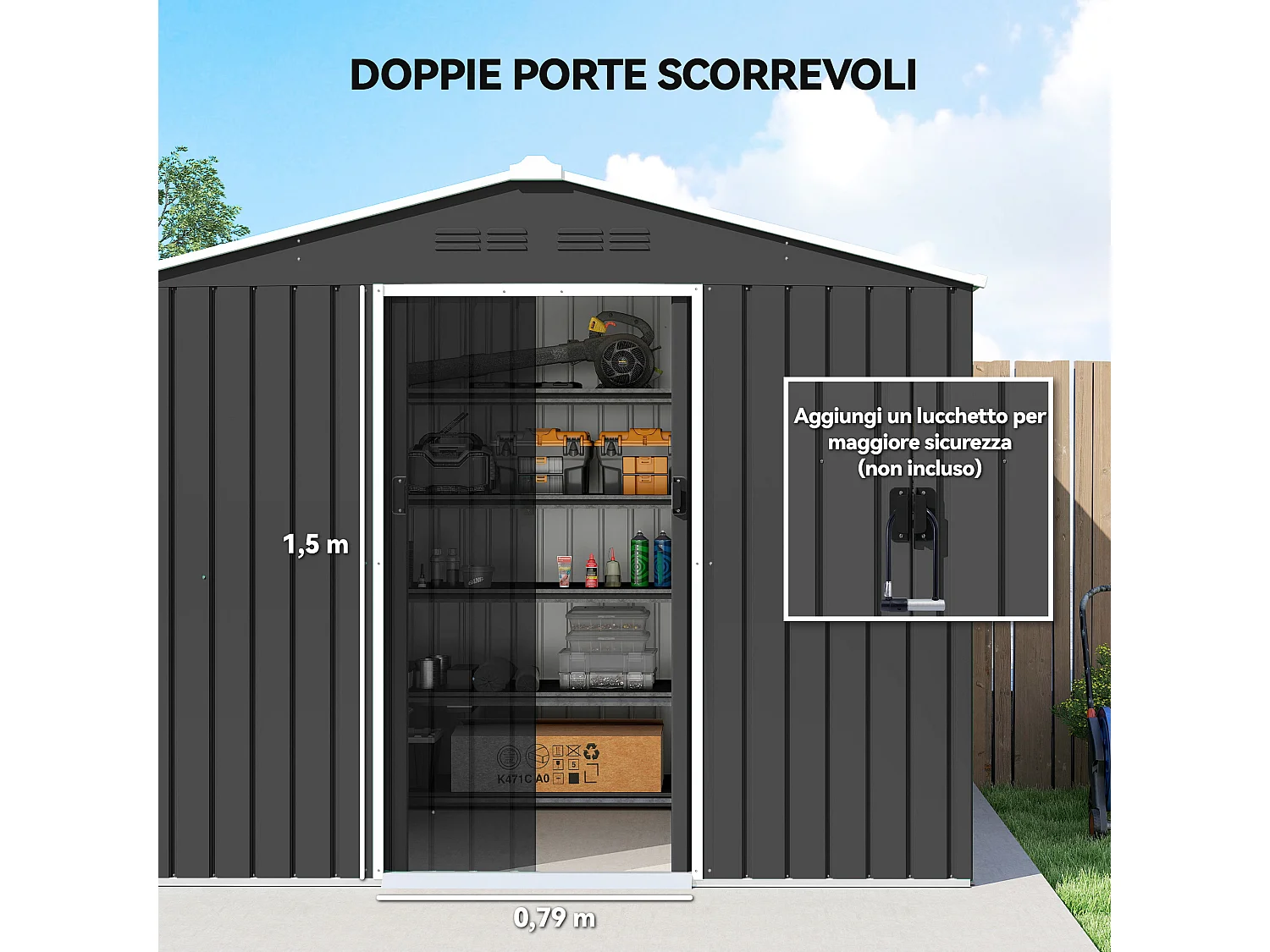Casetta da giardino 2.3x1.7 m doppia porta in acciaio grigio scuro