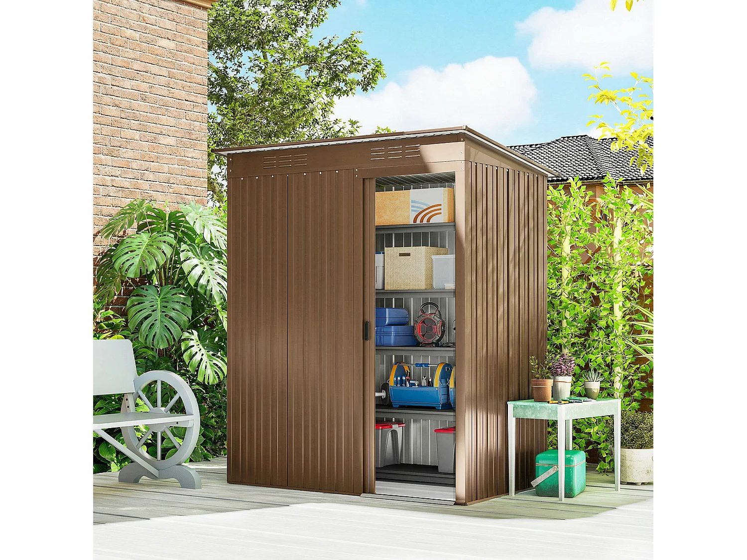 Casetta da giardino con porta scorrevole in metallo marrone