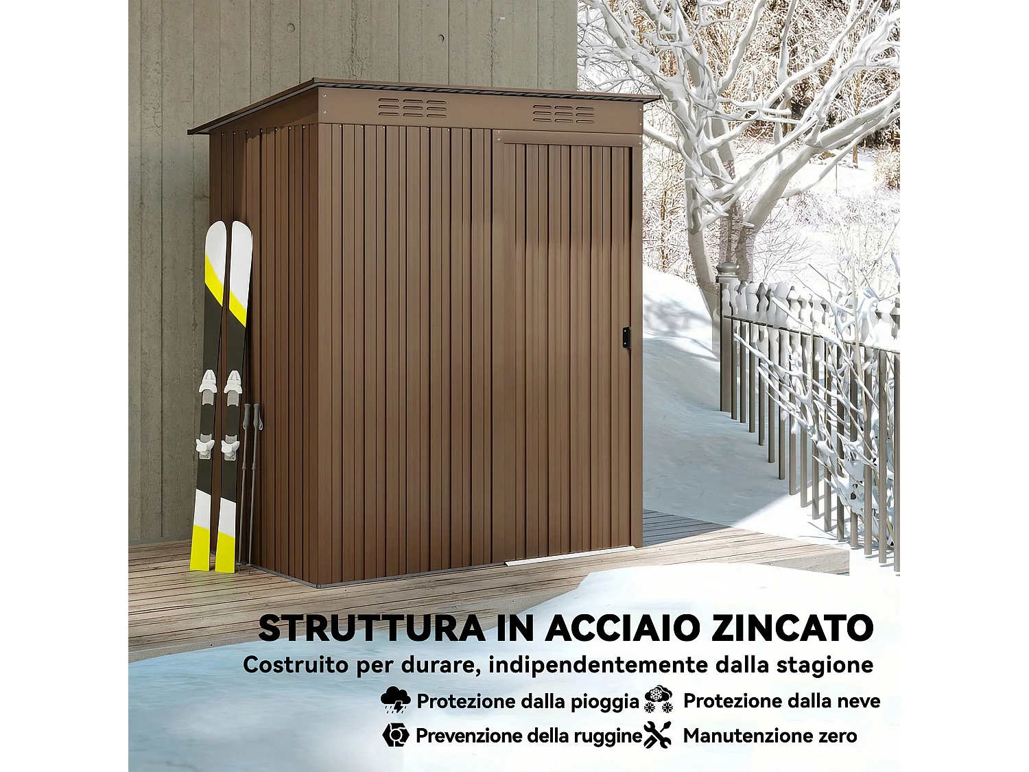 Casetta da giardino con porta scorrevole in metallo marrone